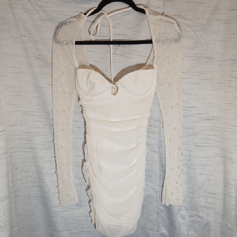 Oh Polly ST. Germain Embellished Long-Sleeve Mini White Dress Sz 0 - Picture 4 of 10